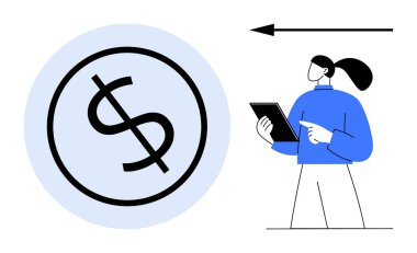 Elinde tablet olan bir kadın, bir dolar işareti ikonu ve okla finansal detaylara bakıyor. Finans, iş stratejisi, ekonomik eğilimler, bütçe, yatırım, danışmanlık için ideal