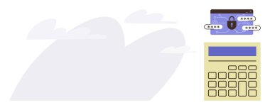 Web tarayıcısında dijital asma kilit şifreli koruma için güvenlik kodları ve finansal analiz için hesap makinesi. Finans, güvenlik, teknoloji, güvenilirlik, yenilik, fintech ve güven için ideal