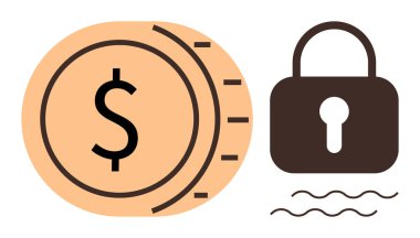 Kapalı bir asma kilidin yanında madeni güvence, tasarruf ve güveni vurgulayan bir dolar. Finans, bankacılık, çevrimiçi güvenlik, yatırım sigortası ekonomisi ve bütçe kavramları için ideal. Basit.