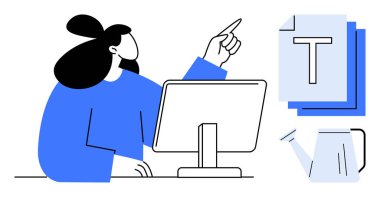 Masadaki kadın bilgisayarla etkileşimde, metin dokümanları ve su ısıtıcısına doğru hareket ediyor. Takım çalışması, eğitim, tasarım, yaratıcılık, iletişim, yazma, üretkenlik için ideal basit iniş sayfası