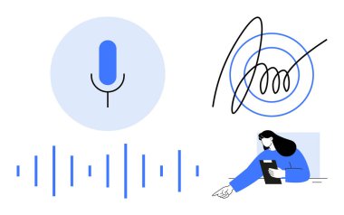 Mikrofon, ses dalgası, dijital imza ve belgeleri inceleyen kişi teknoloji temalarını iletir. Yapay zeka, otomasyon, güvenlik, uzaktan çalışma, e-imza yazılımı için ideal basit iniş sayfası