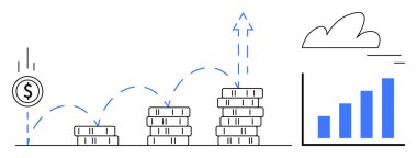 Bozuk para yığını oluşturur. Büyüyen bar çizelgesi ve bulut simgesi ile yukarı doğru ilerler. Yatırım, tasarruf, kâr, iş, ilerleme, finans, basit iniş sayfası için ideal