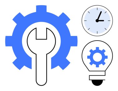 Vites ve anahtar çözelti ve bakımı vurgular, saat zaman takibini simgeler, ampul ise yaratıcılığı ve yeniliği simgeler. Üretkenlik, takım çalışması, mühendislik, problem çözme için ideal
