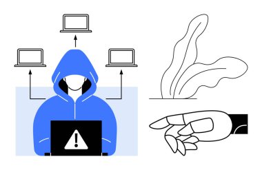 Kapüşonlu yazı dizüstü bilgisayarı, yukarıda bağlı dizüstü bilgisayarlar, robotik el işaretleri ve soyut yapraklar. Teknoloji, siber güvenlik, yapay zeka, hackleme, ağlar için ideal dijital işlemler