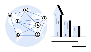 Yukarı doğru ok ile yükselen bir çubuk grafiğinin yanındaki dünya haritasına bağlı kullanıcı simgeleri. Temalar için ideal küresel iletişim, takım çalışması, büyüme, analitik, iş, başarı, basit