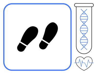 Siyah ayak izleri, test tüpünde DNA sarmalı ve kalp atışı çizgisi. Sağlık, genetik, sağlık takibi, yaşam tarzı, sağlık hizmetleri ve tıbbi gelişim için ideal. Basit düz metafor