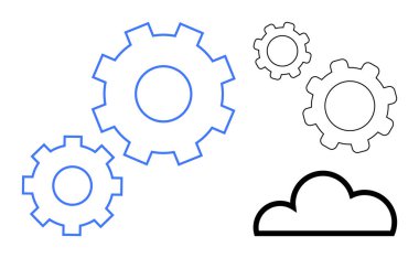 Birbirine bağlı vitesler ve bulut elementleri teknoloji entegrasyonu, otomasyon ve yeniliği sembolize ediyor. Bulut hesaplama, takım çalışması, veri yönetimi, süreç optimizasyonu ve dijital için ideal
