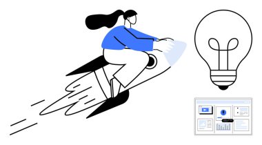 Roketin üstünde uçan bir kadın hız ve hırsı simgeler. Ampul fikirleri temsil eder. Ekranda veri analizleri var. Yenilik, girişimcilik, yaratıcılık, liderlik, strateji, vizyon için ideal