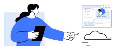 Pasta grafiği, çizgi grafiği ve bulut depolama sembolüyle analitik panele doğru hareket eden bir kadın. Bulut servisi, veri analizi, teknoloji eğitimi, yenilik, takım çalışması, sunum için ideal