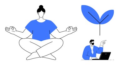 Oturmuş yoga pozisyonunda meditasyon yapan kadın, büyümeyi sembolize eden bitki ve dizüstü bilgisayar tartışmasında erkekleri işaret eden adam. Sağlık, takım çalışması, sürdürülebilirlik, farkındalık, üretkenlik, denge için ideal