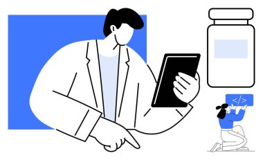 Elinde tablet olan bir doktor yanında ilaç şişesi olan bir doktor ve arka planda kodlama yapan bir programcı. Sağlık, tıp, teknoloji, yenilik, kodlama, basit iniş sayfası için ideal