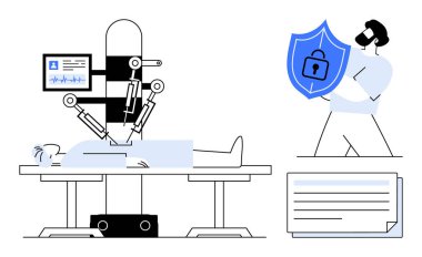 Robot cerrahi kol hastayı ameliyat ediyor, sağlık monitörü hayati göstergeler gösteriyor, dijital kalkan tutan adam. Sağlık teknolojisi, yenilik, güvenlik, veri koruması, robotik, mahremiyet için ideal