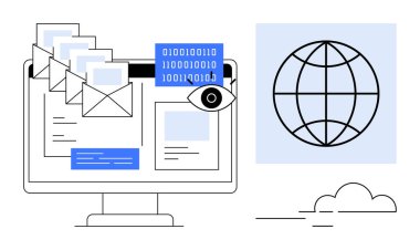 Bir bilgisayar ekranında gösterilen e-postalar, ikili kod ve bir göz eşliğinde. Globe simgesi internet kullanımını öneriyor. Temalar için ideal Siber güvenliği, veri izleme, ağ oluşturma, e-posta