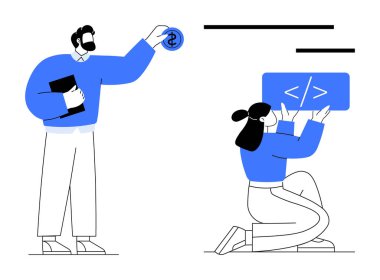 Müteahhit büyük ekranda kod ile diz çökmüş, menajer bir dolar teklif ediyor ve elinde bir belge tutuyor. Takım çalışması, kodlama, finans, iletişim, strateji, liderlik, basit iniş sayfası için ideal