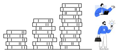 Yükselen madeni para yığınları finansal büyümeyi temsil ediyor. Dizüstü bilgisayarı ve elinde ampul tutan bir adam. Finans, büyüme, iş, yenilik ve strateji için ideal