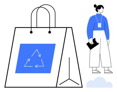 Ekolojik sembollü geri dönüştürülmüş kağıt torba, modern giysi klasöründeki kadın. Sürdürülebilirlik, çevre bilinci, perakende, geri dönüşüm, moda, yeşil yaşam ve bilinçli tüketim için idealdir. Basit düz