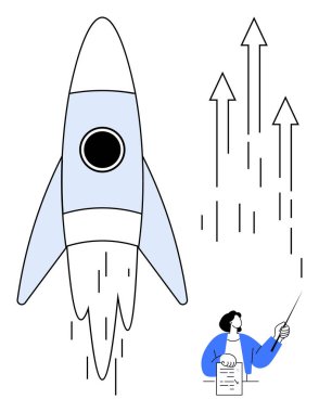Roketin fırlatılması, yukarı doğru büyümeyi işaret eden oklar, işaret ve belge sunan kişi. Ticari büyüme, yenilik, takım çalışması, liderlik, ilerleme, hedefler için ideal motivasyon basit düz