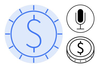Dolar işaretli büyük para, mikrofon ikonu ve daha küçük bozuk para taslağı. Finans, yatırım, iletişim, podcast, dijital ödemeler, ses pazarlama basit iniş sayfası için ideal