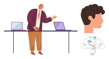 Takım elbiseli adam dizüstü bilgisayarların yanında açıklama yapıyor, insan profili öne çıkıyor, şebeke hatları olan bulutlar. Teknoloji eğitimi, yenilik, strateji, yapay zeka, liderlik ekip çalışması için ideal. Basit düz