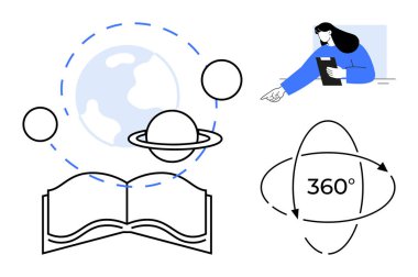 Açık kitap, dünya, gezegenler, 360 derecelik oklar ve tablet okuyan kişi etkileşimli öğrenme, küresel eğitim, teknoloji, astronomi sanal keşif ve bilgi paylaşımını öneriyor. İdeal
