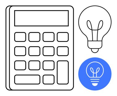 Hesap makinesi, yaratıcılığı, problem çözmeyi ve verimliliği sembolize eden bir ampulün yanında. Eğitim, finans, yenilik, fikirler, iş stratejisi, teknoloji ve basit bir iniş sayfası için ideal