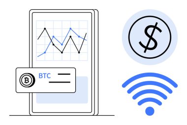 Mobil ekranda şifreli cüzdan ve çizelge, dolar simgesi, kablosuz ödeme sinyali var. Finans, yatırım, teknoloji, bankacılık, kripto para işlem teknolojisi için idealdir. Minimalist düz konsept