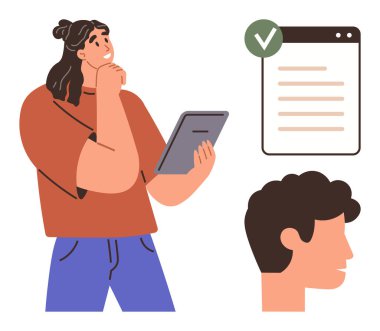 Tablet tutan düşünceli bir kadın yeşil işaretli bir kontrol listesi ve bir kişinin yan profili. Planlama, karar verme, görev yönetimi, üretkenlik, odaklanma ve başarı için ideal