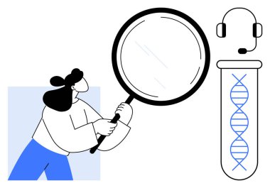 Bir büyüteç tutan kadın test tüpünü DNA ile kontrol eder, kulaklık iletişimi sembolize eder. Araştırma, biyoteknoloji, yenilik, bilim, analiz, genetik eğitim için ideal. Basit düz