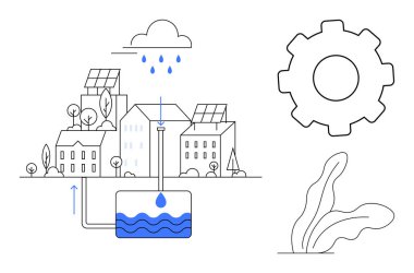 Güneş panelleri olan şehir mimarisi, yağmur suyu hasat tankı, bulut, teçhizat ve bitki. Sürdürülebilirlik, su tasarrufu, çevre, teknoloji yeniliği eko-yaşam yenilenebilir