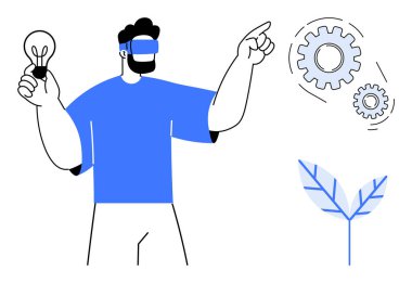 VR kulaklıklı adam elinde ampul, dişlilere bakıyor. Yaprak elementi teknoloji, yenilik ve çevresel sürdürülebilirlik teması ile kaynaştı. Yaratıcılık, takım çalışması, teknoloji ve ekoloji büyümesi için ideal