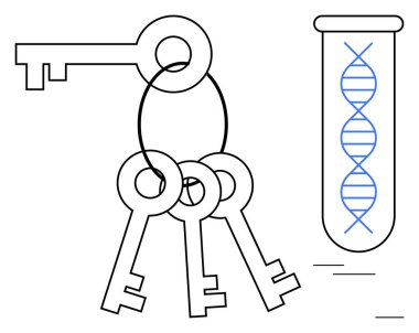 Üzerinde DNA ipliği olan bir test tüpünün yanında dört klasik anahtarla anahtarlık. Bilim, genetik, yenilik, biyoteknoloji, araştırma, güvenlik ve keşif temaları için idealdir. Basit düz metafor