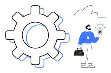 Yenilik, yaratıcılık, takım çalışması ve üretkenliği temsil eden büyük bir dişlinin yanında ampul tutan kişi. İş, strateji, yenilik, problem çözme takım liderliği için ideal