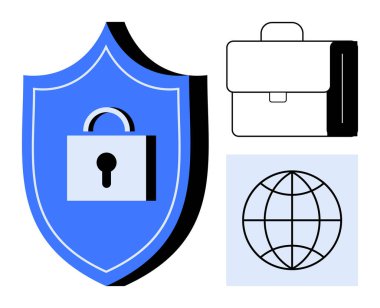 Kilitli mavi kalkan, minimalist çanta ve küre. Siber güvenlik, veri koruması, iş, küresel ticaret, uzaktan çalışma güvenli ağlar için idealdir. Basit düz metafor