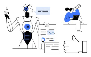Detaylı veri tablosu sunan robot konuşma baloncuğu iletişimi gösteriyor. Dizüstü bilgisayarı olan bir kadın analiz ediyor ve planlıyor. Yenilik, teknoloji, eğitim, analitik, iletişim için ideal