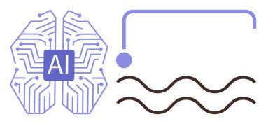 Nokta ve dalgalı çizgilere bağlı sinirsel şekilli bir yapıda yapay zeka çipi, hesaplama akışını sembolize ediyor. Yapay zeka, sinirsel ağ, teknoloji, yenilik, makine öğrenimi, veri işleme, basit