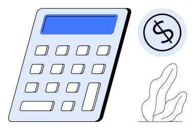 Belirgin tuşları ve ekranı olan hesap makinesi, dolar dairesi sembolü ve soyut dekoratif bitki elementi. Finans, muhasebe, bütçe planlaması, vergi hazırlama, tasarruf, yatırımlar için ideal