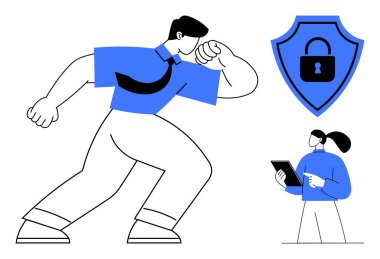 Kendine güvenen adam kalkanın yanında kilit simgesiyle esniyor, profesyonel kadın tablet kullanıyor. Veri güvenliği, takım çalışması, gizlilik, koruma, yetkilendirme, kurumsal kimlik, basit iniş sayfası için ideal