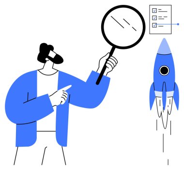 Adamın elinde roketin fırlatılışını izlerken kontrol listesini gösteren bir büyüteç var. Araştırma, büyüme, yenilik, başlangıç değerlendirmesi, keşif, analiz, strateji planlaması için ideal. Basit düz