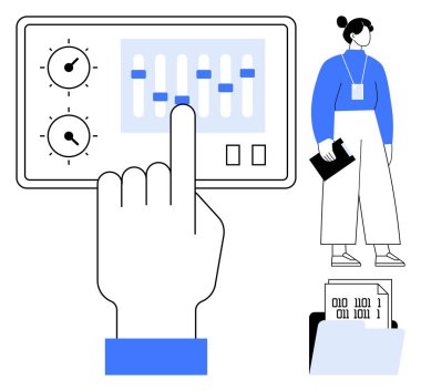 Elle kontrol paneli kaydıracı ve kadranlarıyla etkileşime girer, bir kadın klasörde bir pano, ikili veri tutar. Takım çalışması, veri analizi, ayarlar, proje yönetimi, teknoloji, kullanılabilirlik için ideal