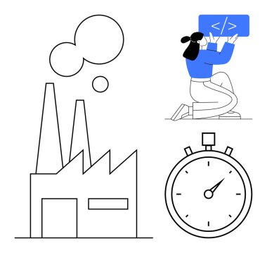 Coder kneeling with code panel, minimalist factory with chimneys, and stopwatch. Ideal for coding, industry, efficiency, time management, development, productivity simple landing page clipart svg vector 