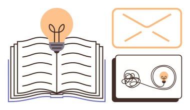 Ampul, zarf ve karışık kabloyla bir ampul oluşturan açık bir kitap. Eğitim, yenilik, öğrenme, yaratıcılık, iletişim problem çözme organizasyonu için idealdir. Basit düz metafor