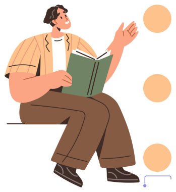 Genç adam kitabı açık tutuyor, içerikle uğraşırken el kol hareketi yapıyor. Öğrenme, eğitim, iletişim, hikaye anlatma, kendini ifade etme, okuma alışkanlıkları ve yaratıcı düşünme için idealdir. Basit düz