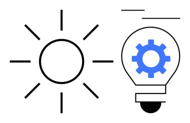 İçinde teçhizat olan bir ampulün yanında, doğa ve teknolojiyi birleştiren güneş sembolü. Yenilik için ideal, sürdürülebilirlik, yenilenebilir enerji, yaratıcılık, fikirler, endüstriyel icat. Basit düz metafor