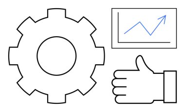 Dişliler süreci simgeler, performans grafiği büyümeyi, baş parmaklar onay ve başarıyı gösterir. İş için ideal, üretkenlik, başarı, performans, analiz, takım çalışması için basit