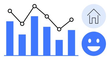 Veri eğilimlerini, ev ikonunu ve analizi, ilerlemeyi, gayrimenkulü, mutluluğu ve başarıyı sembolize eden mutlu yüzü temsil eden grafik ve bar grafiği. İş ve konut piyasası genel değerlendirmeleri için ideal