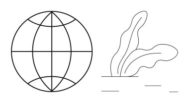 Siyah çizgili küre ve su bitkisi çevresel farkındalığı, sürdürülebilirliği ve ekosistemi korumayı sembolize ediyor. İklim değişikliği için ideal, doğa, biyolojik çeşitlilik, ekoloji, küresel bağlantı