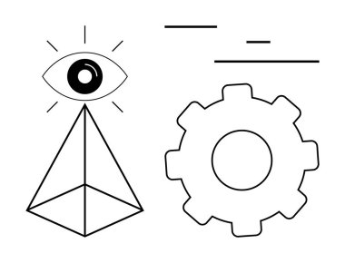 Gözler piramidin üstünde, dişliler ilerlemeyi simgeliyor ve dengeyi gösteren en küçük çizgiler. İnovasyon, yaratıcılık, strateji, vizyon, analiz, basit iniş sayfası için ideal