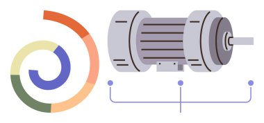 Elektrik motor çizimi segmentli renk çizelgesi ve bağlı elementlerle eşleştirildi. Mühendislik, mekanik, teknoloji, enerji, performans analizi, yenilik, basit düz metafor
