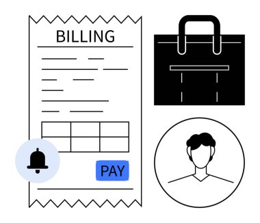 Fatura makbuzunda ödeme düğmesi, alışveriş çantası, kullanıcı simgesi ve uyarı zili var. Finans, e-ticaret, dijital alışveriş, fatura, işlem ödemeleri müşteri hizmetlerini hatırlatıyor