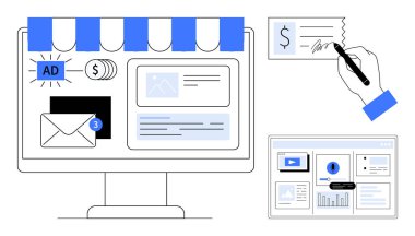 Mağaza vitrininde bilgisayar monitörü, e-posta tebligatı, reklam afişi, ödeme makbuzu. Pazarlama, e-ticaret, alım-satım, e-posta kampanyaları, finansal reklam verilerinin görselleştirilmesi için ideal